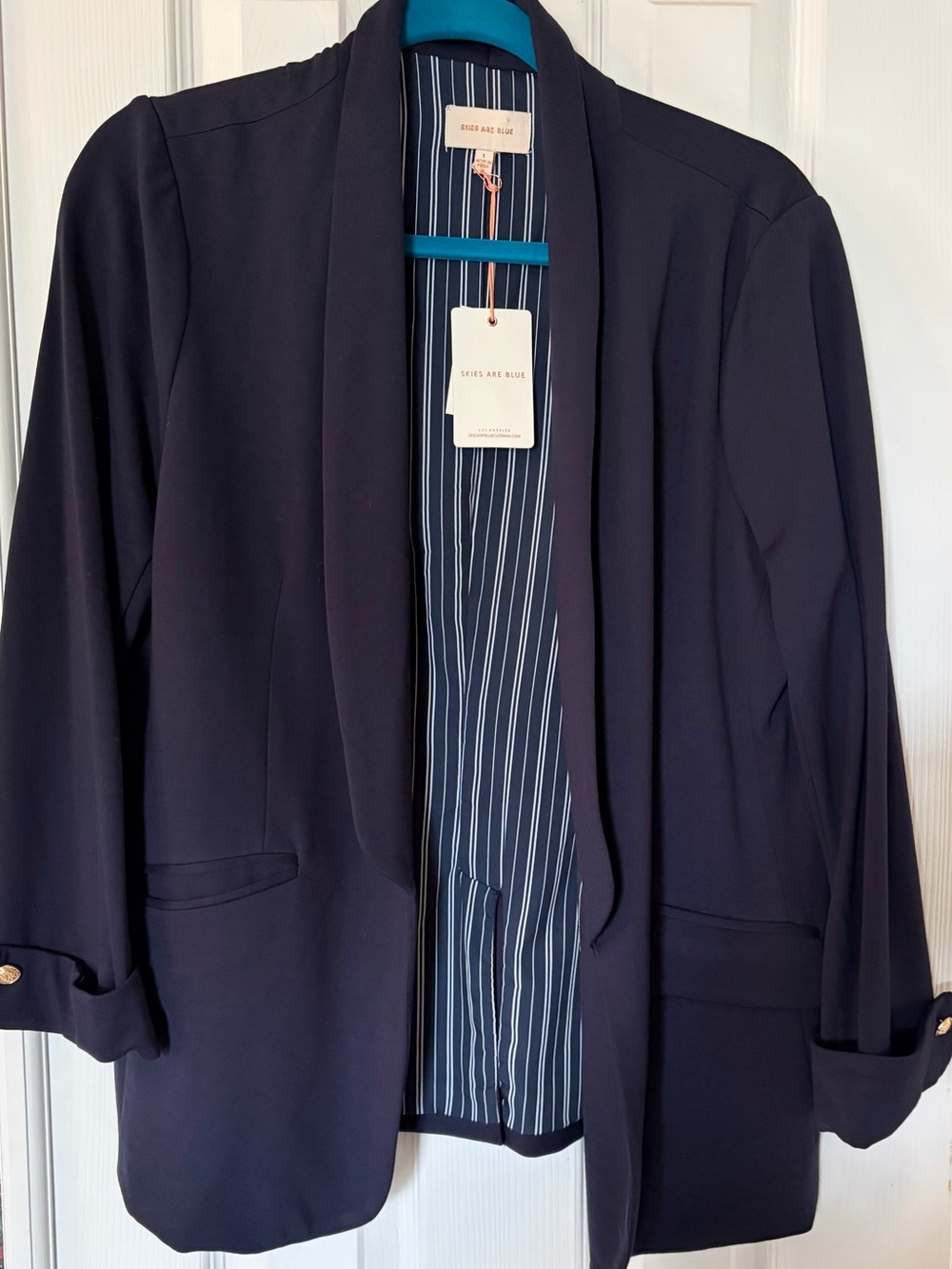 Skies Are Blue Navy Open-Front Shawl Collar Blazer